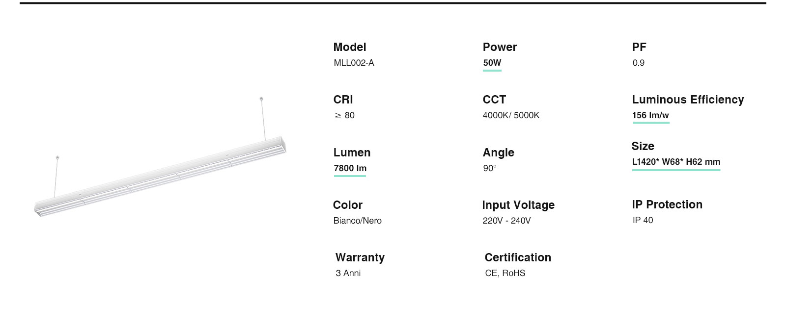 Großhandel 50W 4000K 7800LM 90° Weiß Lineare Beleuchtung-KOSOOM-LED Linear-lange Lebenserwartung-ML00202