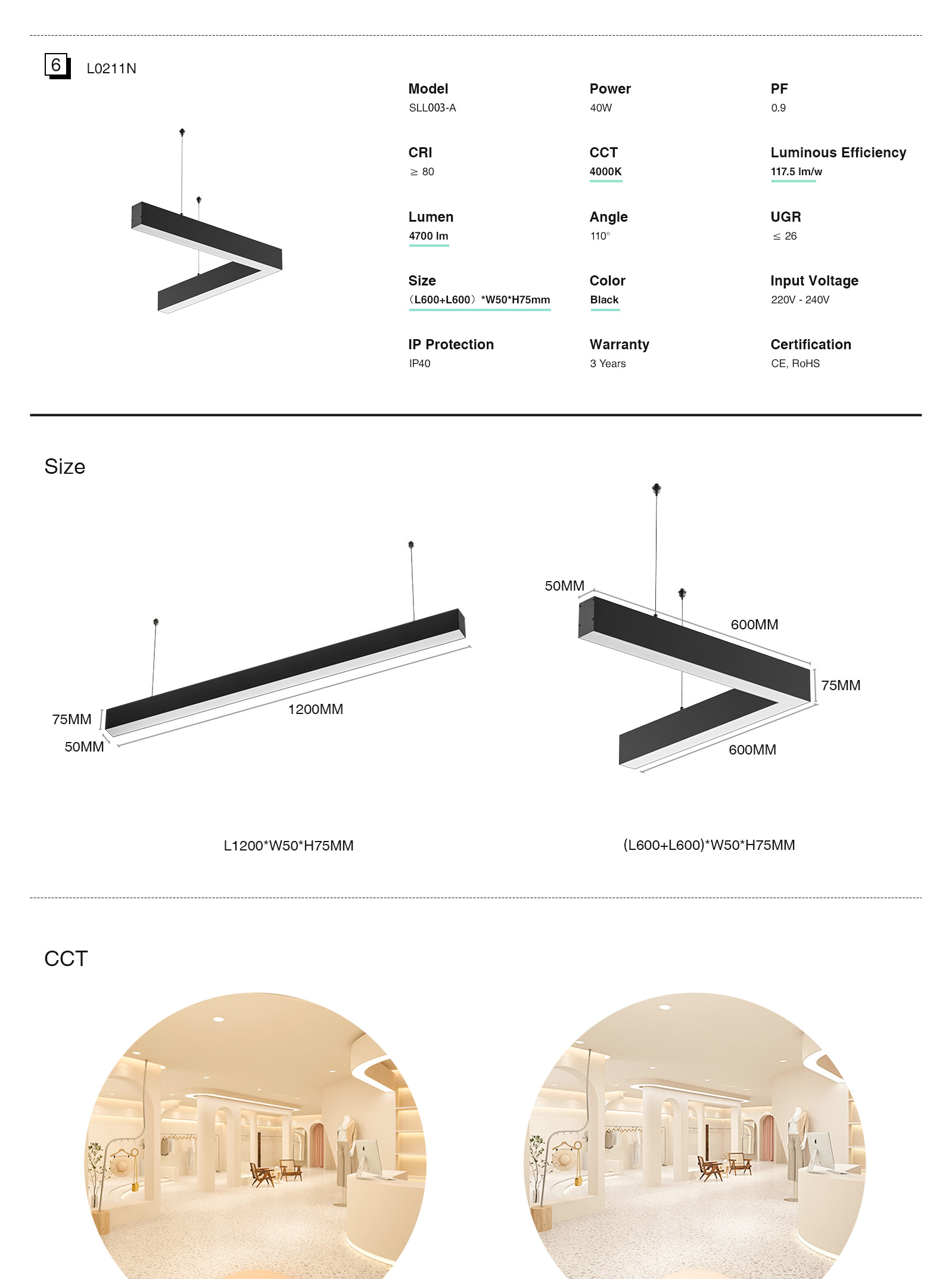 LED Lineare Leuchte 40W 3000K 4300LM 110° Abstrahlwinkel Dimmbare Weiß-Pendelleuchten-Einstellung der Farbtemperatur-3