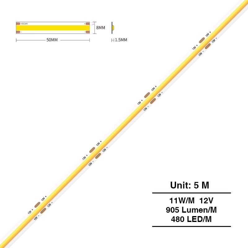 COB LED Streifen IP20 480LEDS/MT 11W/m 3000K 905lm/m 140˚ Abstrahlwinkel warmweißes Licht-LED Strip 2835--主图1